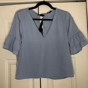 LightBlue Vneck Ruffle Sleeve Bow Back Crop Top